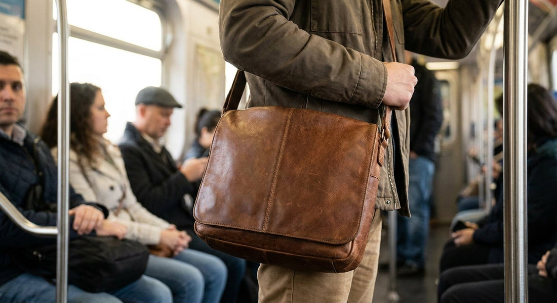 Leather crossbody bag for public transit commuters