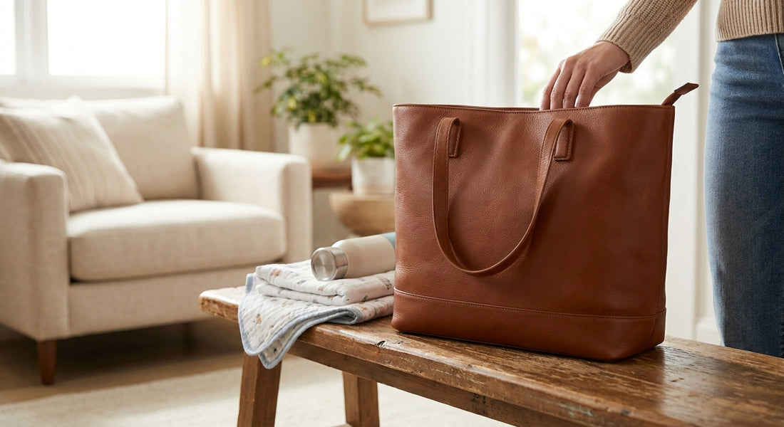 Leather tote bag for new moms