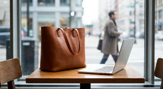 Leather tote bag for laptop commuters