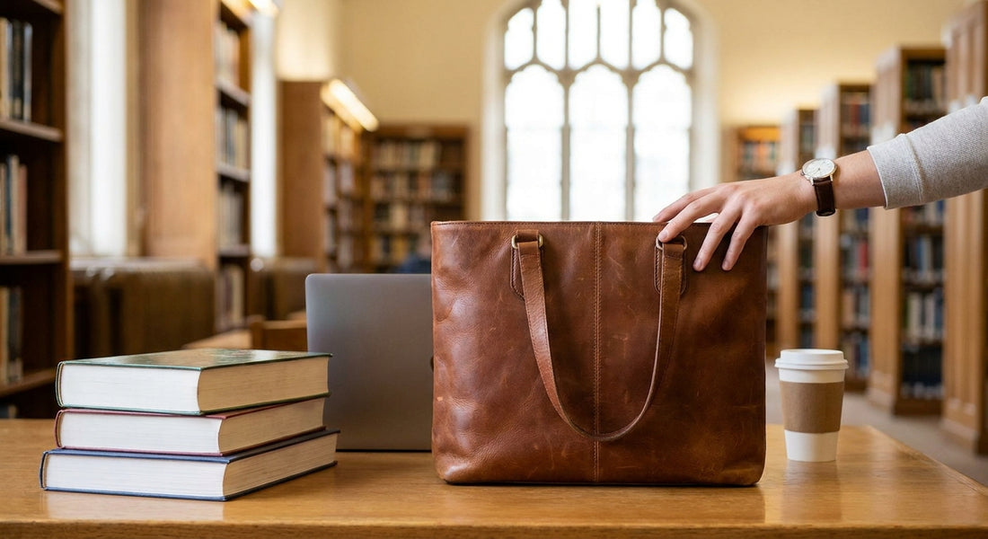 Leather tote bag for grad school