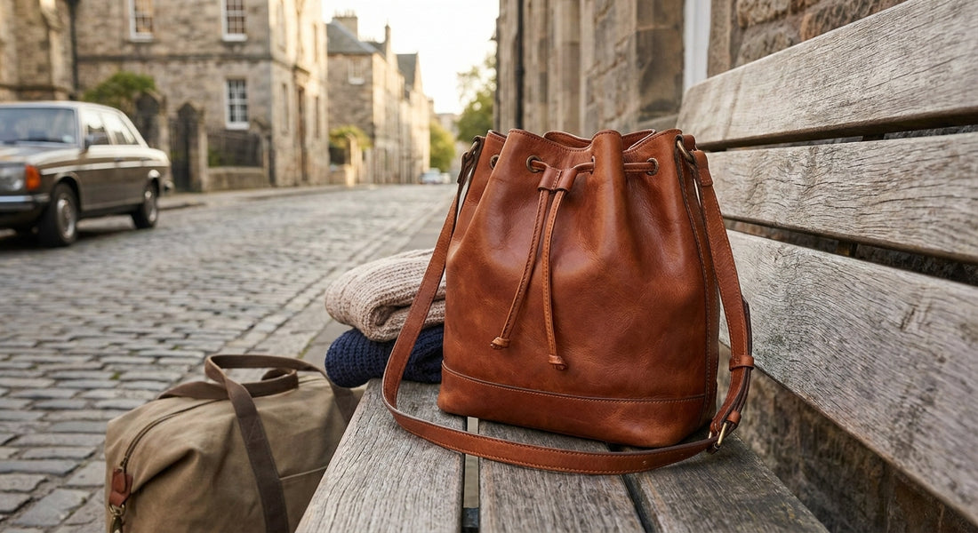 Leather bucket bag for weekend trips